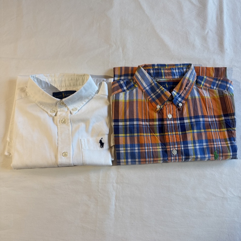 Ralph Lauren Boys Shirt Lot L 14-16 White SS & XL 18-20 Plaid Blue Orange LS